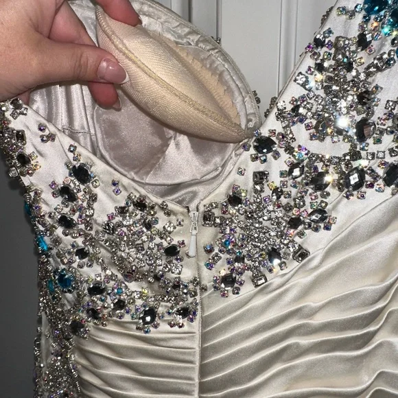 Sherri Hill Elegant White Pageant Gown w/ Large Blue & Clear Rhinestones - Picture 12 of 17